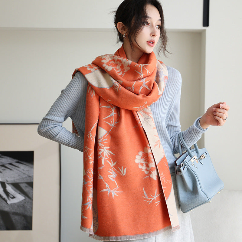 Elegant National Style Cashmere Scarf – Double-Sided Jacquard Shawl for Women