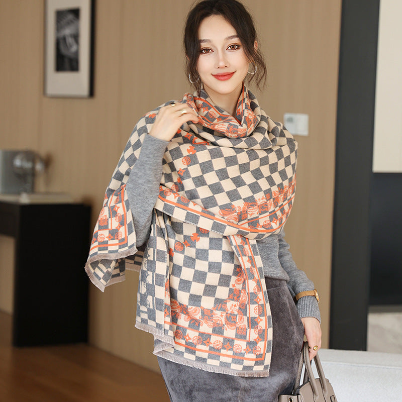 Elegant National Style Cashmere Scarf – Double-Sided Jacquard Shawl for Women