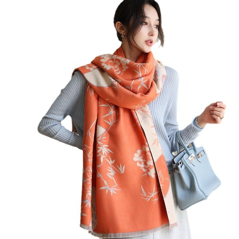 Elegant National Style Cashmere Scarf – Double-Sided Jacquard Shawl for Women