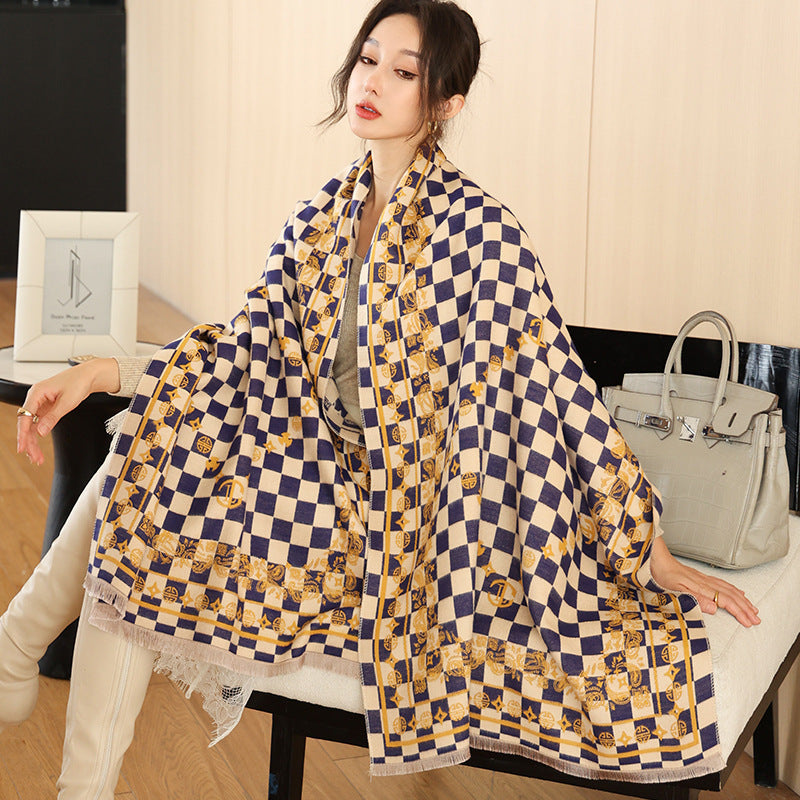 Elegant National Style Cashmere Scarf – Double-Sided Jacquard Shawl for Women