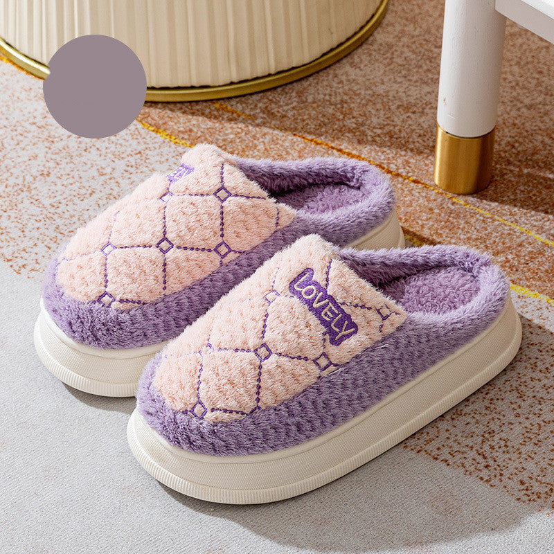 Couple Plush House Slippers – Thick-Soled Non-Slip Indoor Shoes with Rhombus Pattern (Men/Women)
