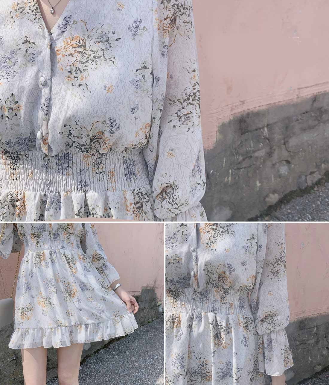 Women’s Retro Long-Sleeve Floral Chiffon Dress with Rabbit Fur Trim