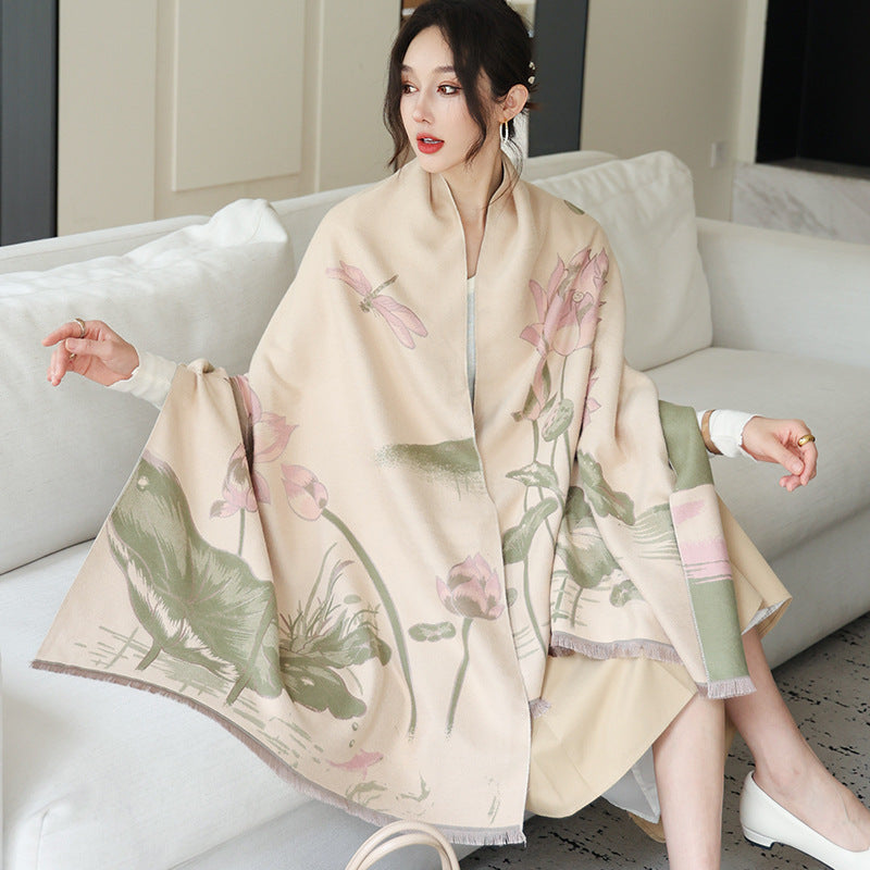 Elegant National Style Cashmere Scarf – Double-Sided Jacquard Shawl for Women