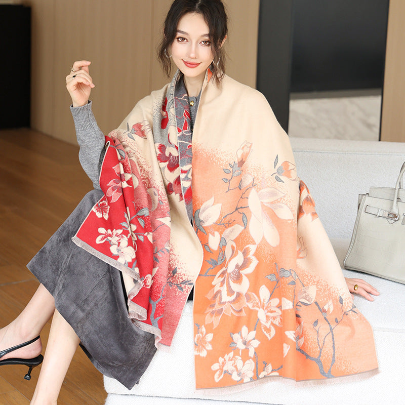 Elegant National Style Cashmere Scarf – Double-Sided Jacquard Shawl for Women