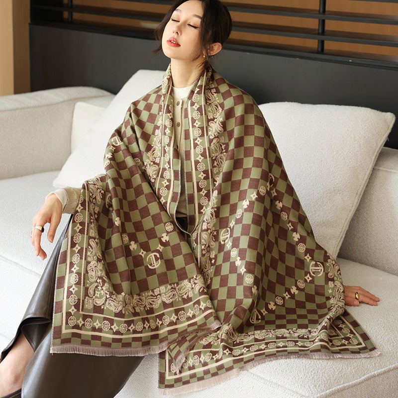 Elegant National Style Cashmere Scarf – Double-Sided Jacquard Shawl for Women