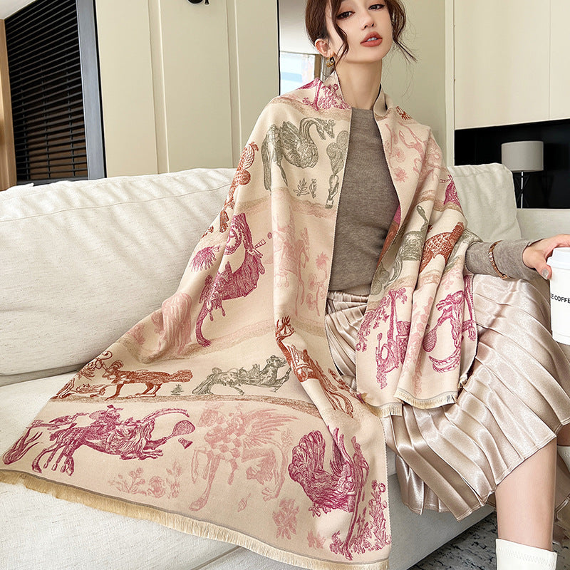 Elegant National Style Cashmere Scarf – Double-Sided Jacquard Shawl for Women