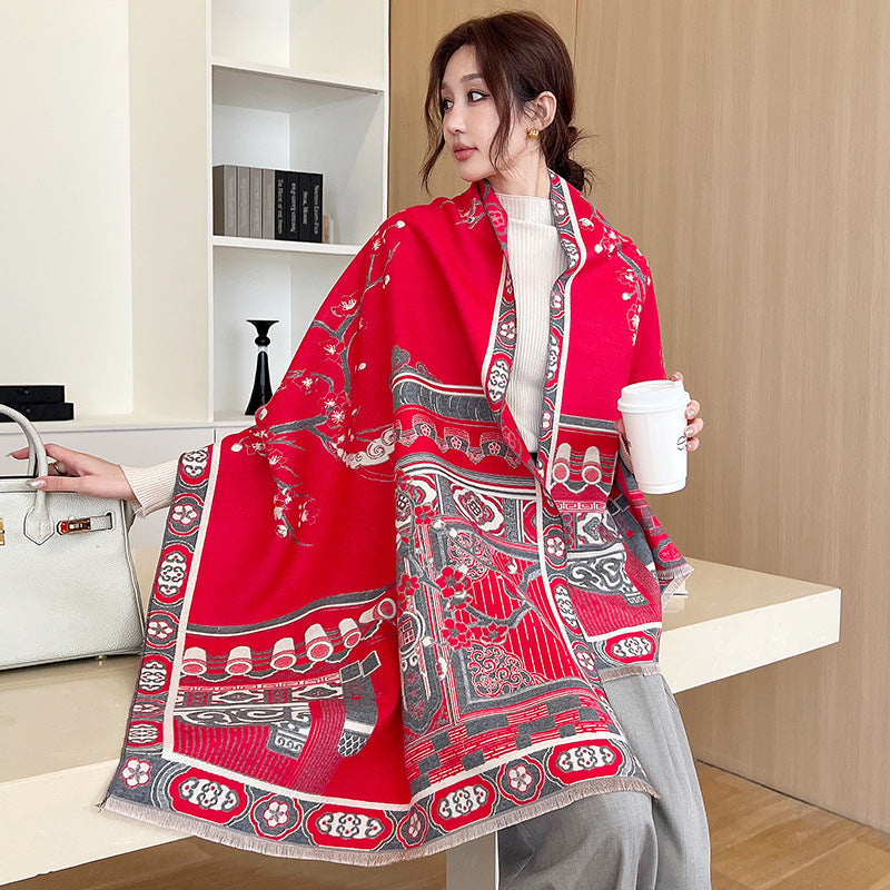 Elegant National Style Cashmere Scarf – Double-Sided Jacquard Shawl for Women