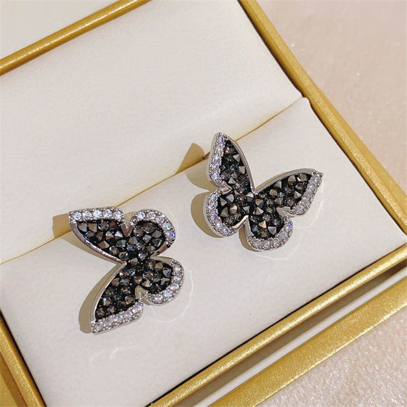 Black Diamond Butterfly Earrings – Full Pavé Sparkling Studs for Women