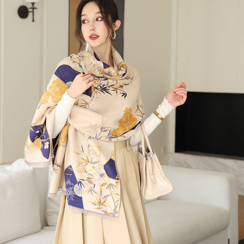 Elegant National Style Cashmere Scarf – Double-Sided Jacquard Shawl for Women