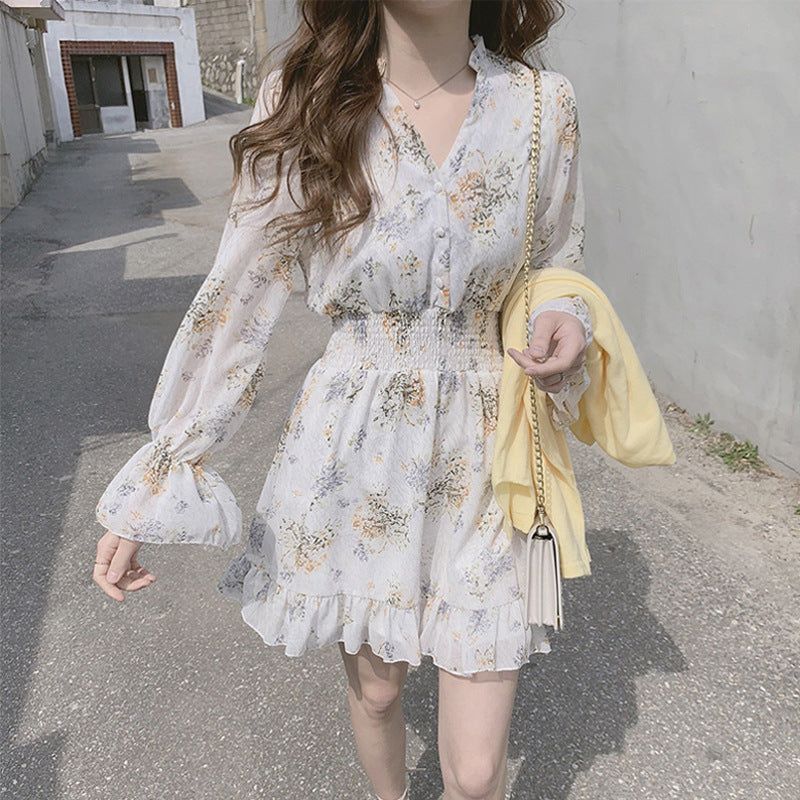 Women’s Retro Long-Sleeve Floral Chiffon Dress with Rabbit Fur Trim