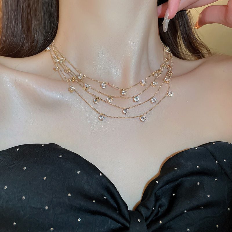 Layered Zircon Necklace – French Round Pendant Multi-chain Jewelry