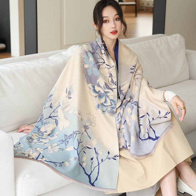 Elegant National Style Cashmere Scarf – Double-Sided Jacquard Shawl for Women