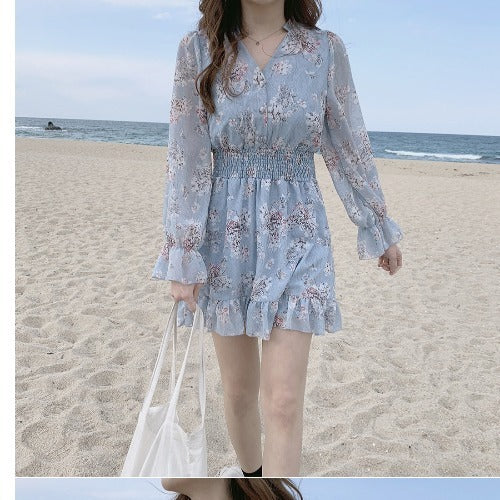 Women’s Retro Long-Sleeve Floral Chiffon Dress with Rabbit Fur Trim