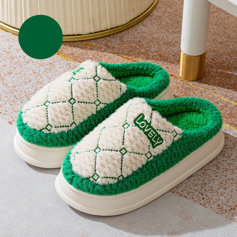 Couple Plush House Slippers – Thick-Soled Non-Slip Indoor Shoes with Rhombus Pattern (Men/Women)