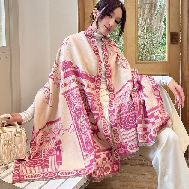 Elegant National Style Cashmere Scarf – Double-Sided Jacquard Shawl for Women