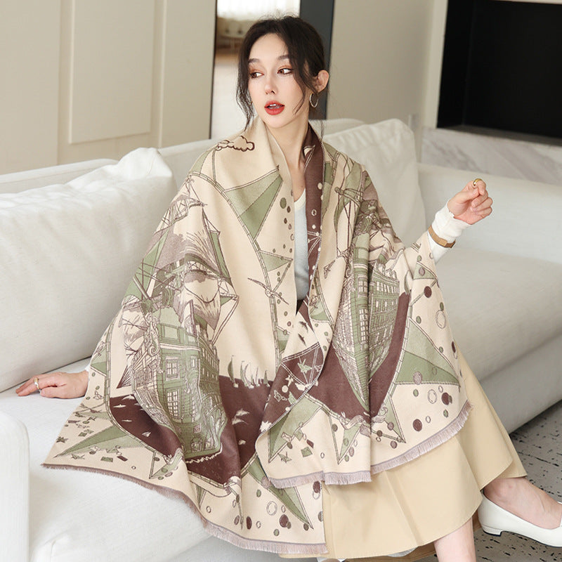 Elegant National Style Cashmere Scarf – Double-Sided Jacquard Shawl for Women