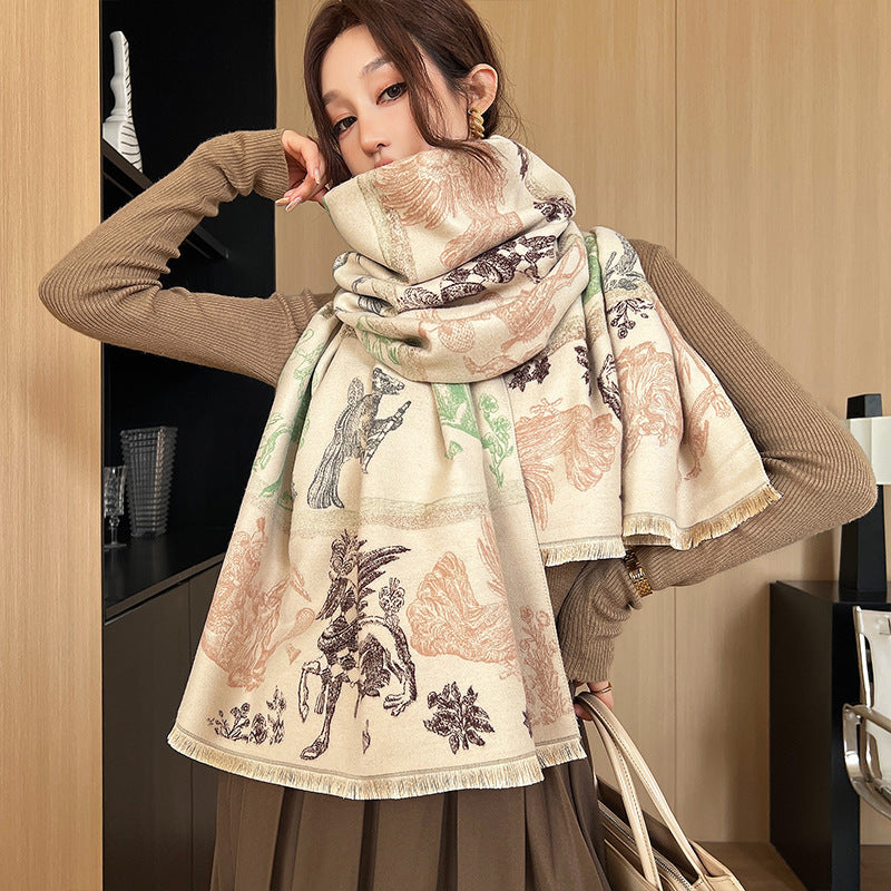 Elegant National Style Cashmere Scarf – Double-Sided Jacquard Shawl for Women