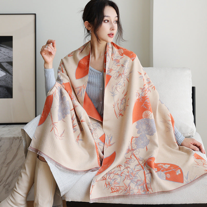 Elegant National Style Cashmere Scarf – Double-Sided Jacquard Shawl for Women