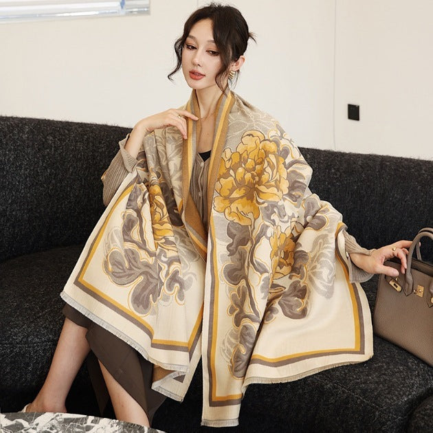 Elegant National Style Cashmere Scarf – Double-Sided Jacquard Shawl for Women