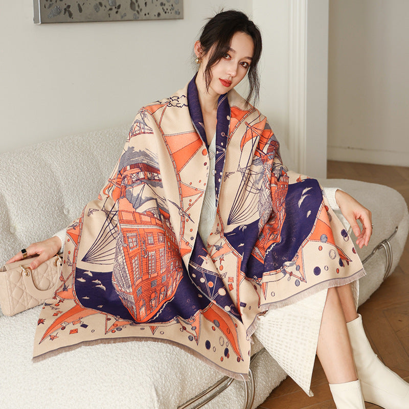 Elegant National Style Cashmere Scarf – Double-Sided Jacquard Shawl for Women