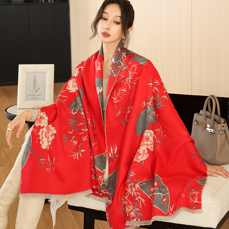 Elegant National Style Cashmere Scarf – Double-Sided Jacquard Shawl for Women