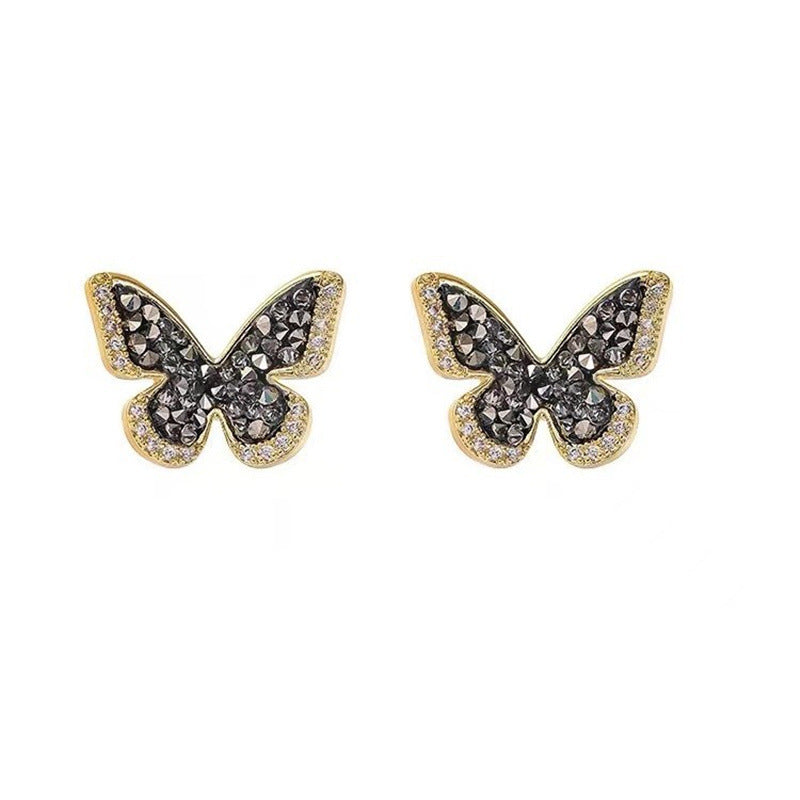 Black Diamond Butterfly Earrings – Full Pavé Sparkling Studs for Women