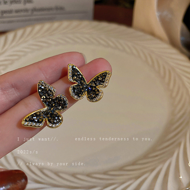 Black Diamond Butterfly Earrings – Full Pavé Sparkling Studs for Women