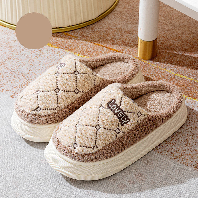 Couple Plush House Slippers – Thick-Soled Non-Slip Indoor Shoes with Rhombus Pattern (Men/Women)