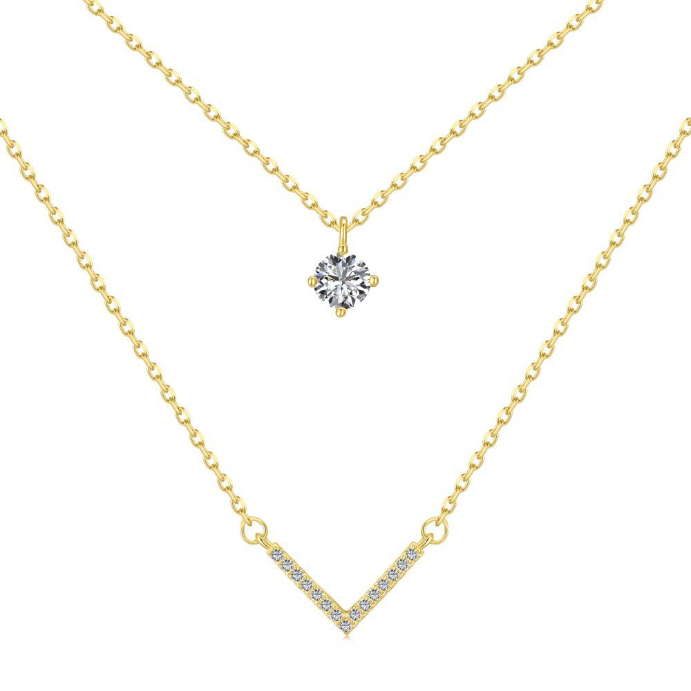 Double Layer V-Pendant Necklace – S925 Silver Plated 18K Gold Chain