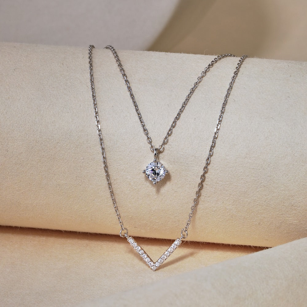 Double Layer V-Pendant Necklace – S925 Silver Plated 18K Gold Chain