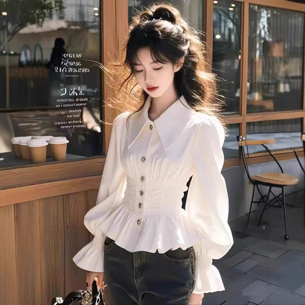 Women's Doll Collar White Shirt – Slim Waist Long Sleeve Blouse