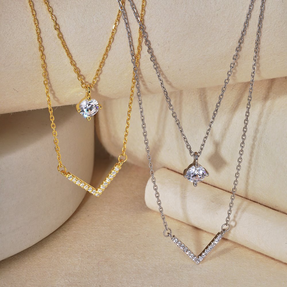 Double Layer V-Pendant Necklace – S925 Silver Plated 18K Gold Chain