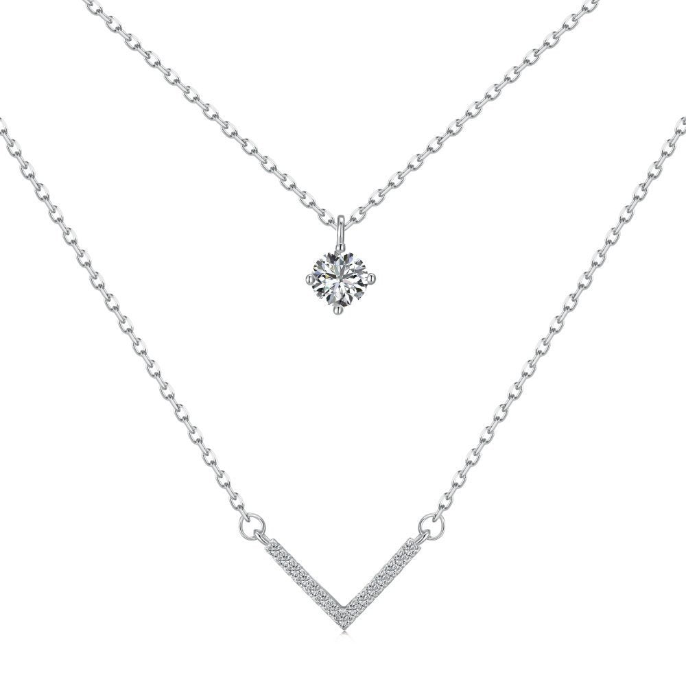 Double Layer V-Pendant Necklace – S925 Silver Plated 18K Gold Chain