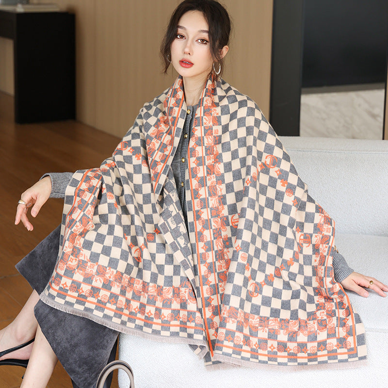 Elegant National Style Cashmere Scarf – Double-Sided Jacquard Shawl for Women