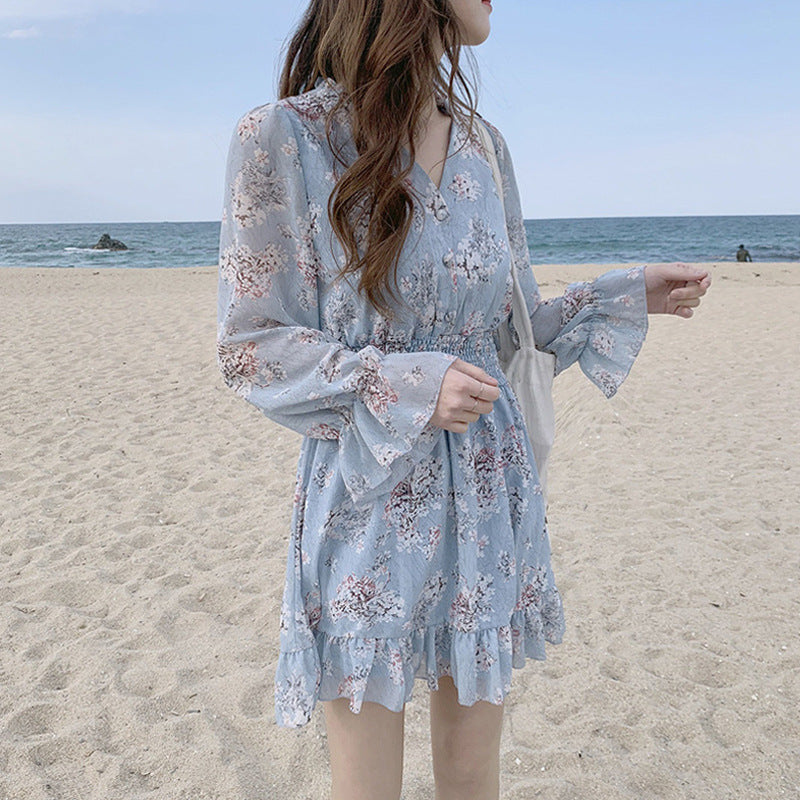 Women’s Retro Long-Sleeve Floral Chiffon Dress with Rabbit Fur Trim