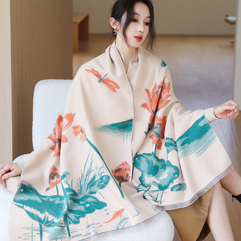 Elegant National Style Cashmere Scarf – Double-Sided Jacquard Shawl for Women