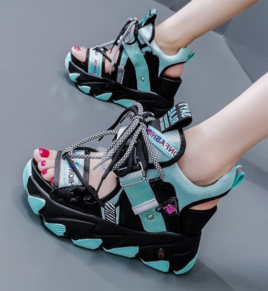 Women's Chunky Platform Sandals – 9CM Lace-Up Wedge Beach Shoes (Designer Summer Style)