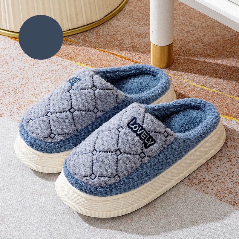 Couple Plush House Slippers – Thick-Soled Non-Slip Indoor Shoes with Rhombus Pattern (Men/Women)