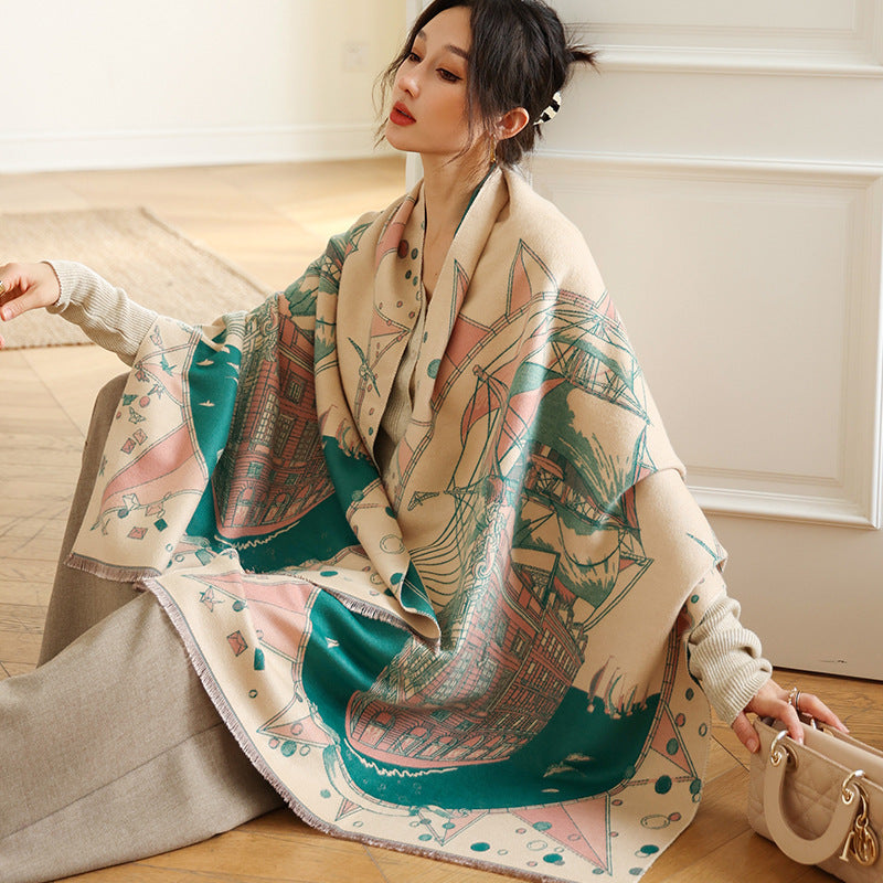 Elegant National Style Cashmere Scarf – Double-Sided Jacquard Shawl for Women