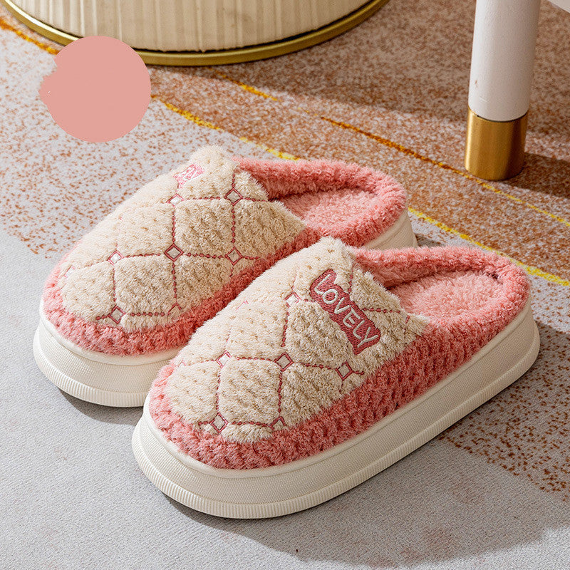 Couple Plush House Slippers – Thick-Soled Non-Slip Indoor Shoes with Rhombus Pattern (Men/Women)