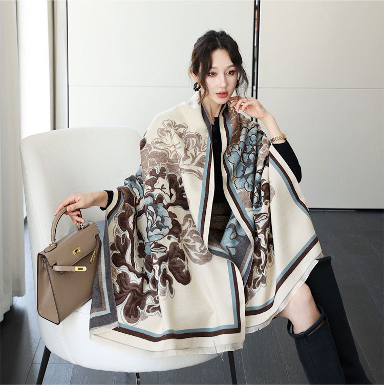 Elegant National Style Cashmere Scarf – Double-Sided Jacquard Shawl for Women