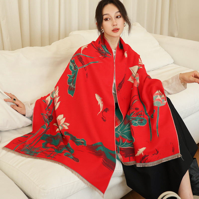 Elegant National Style Cashmere Scarf – Double-Sided Jacquard Shawl for Women