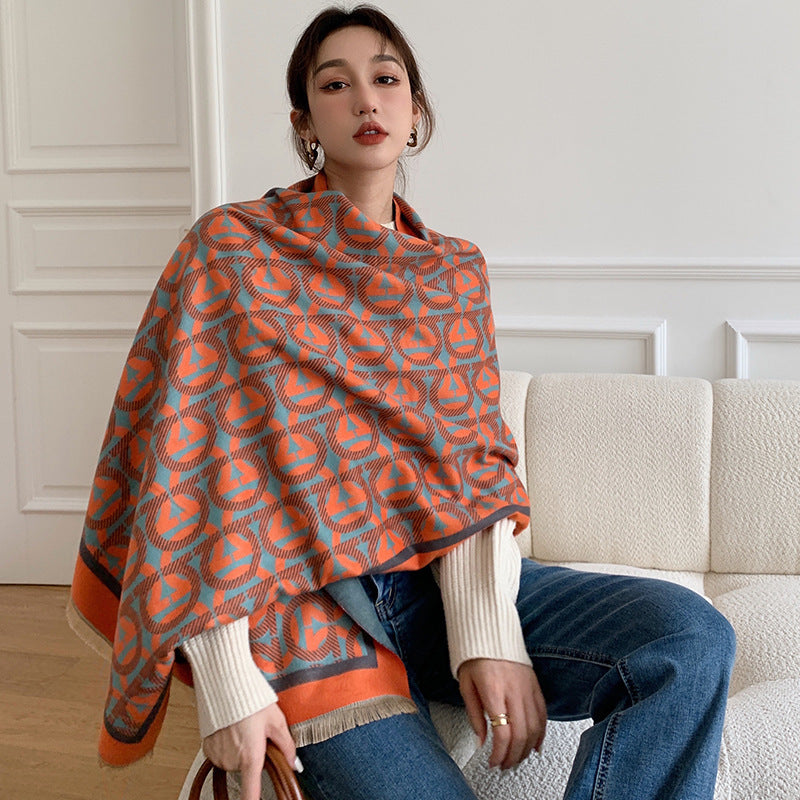 Elegant National Style Cashmere Scarf – Double-Sided Jacquard Shawl for Women
