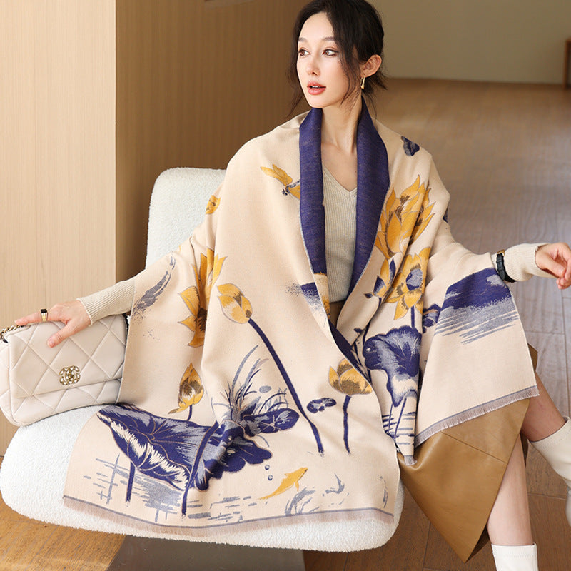 Elegant National Style Cashmere Scarf – Double-Sided Jacquard Shawl for Women