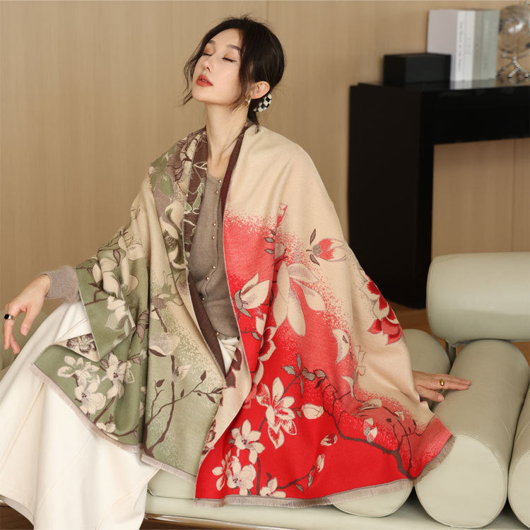 Elegant National Style Cashmere Scarf – Double-Sided Jacquard Shawl for Women