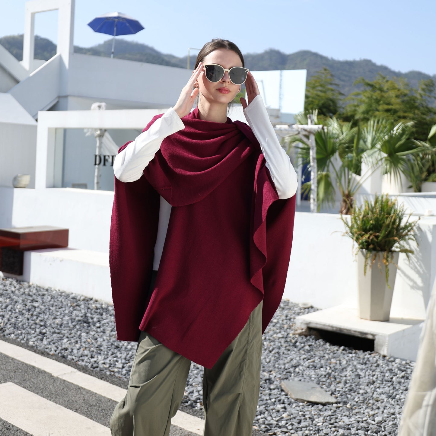 Women’s Solid Color Knitted Shawl – Simple Side Strap Shoulder Wrap