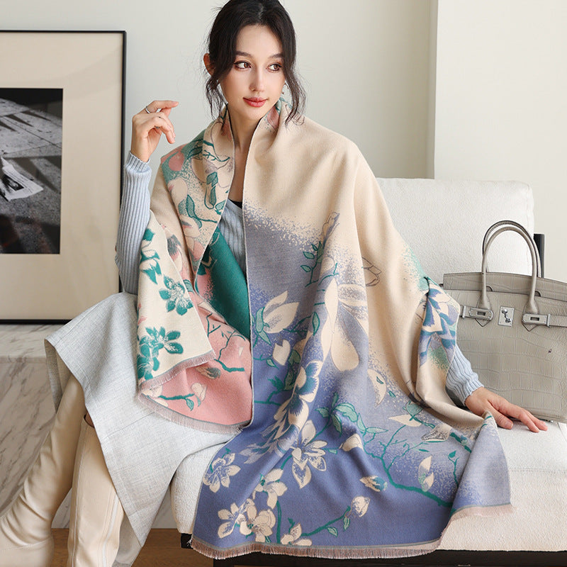 Elegant National Style Cashmere Scarf – Double-Sided Jacquard Shawl for Women