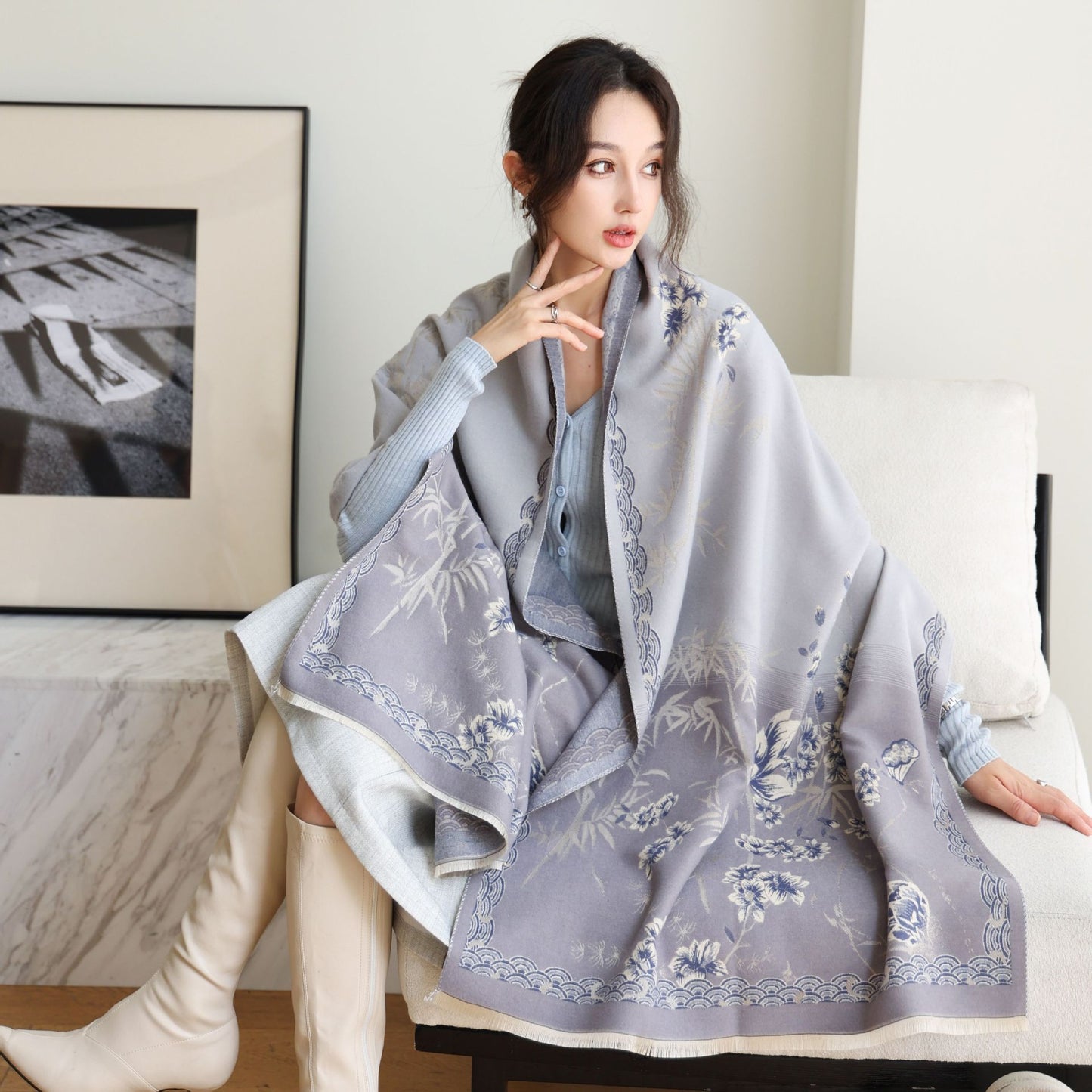 Elegant National Style Cashmere Scarf – Double-Sided Jacquard Shawl for Women