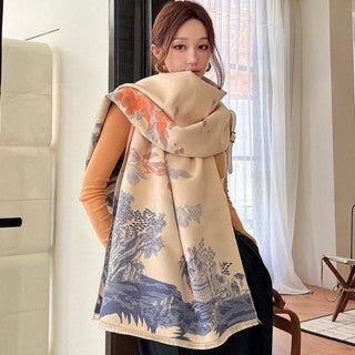 Elegant National Style Cashmere Scarf – Double-Sided Jacquard Shawl for Women