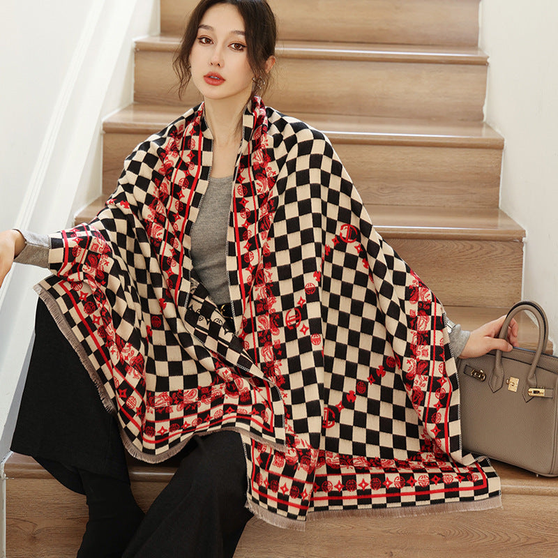 Elegant National Style Cashmere Scarf – Double-Sided Jacquard Shawl for Women